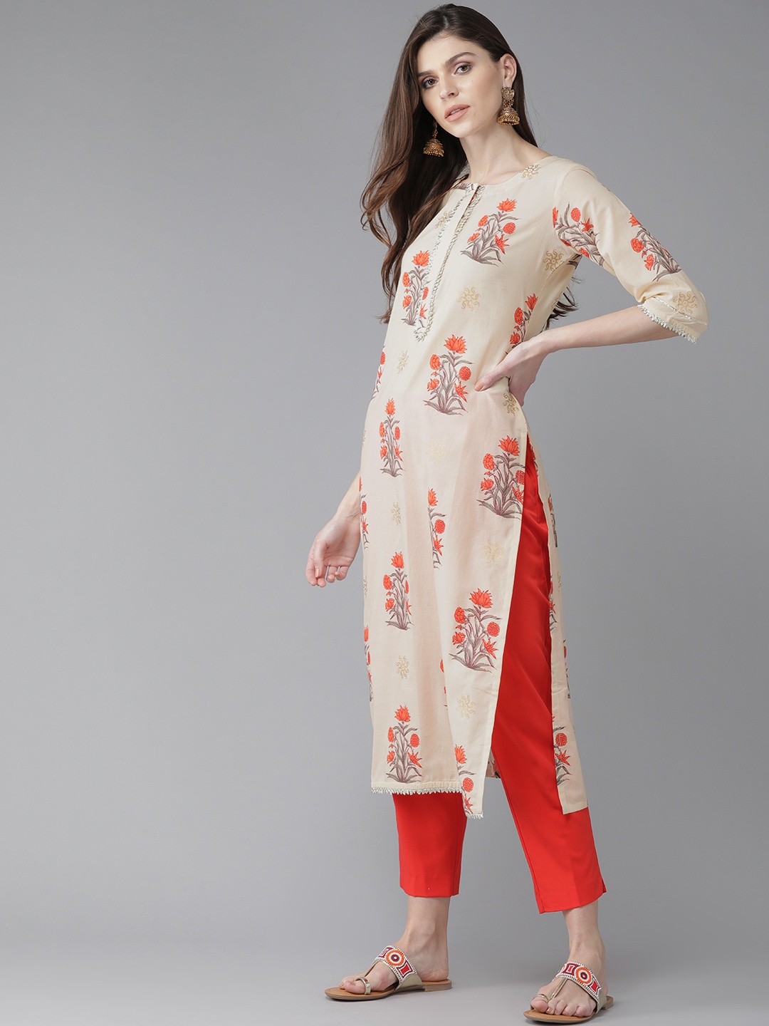 

Libas Women Beige & Orange Printed Straight Kurta