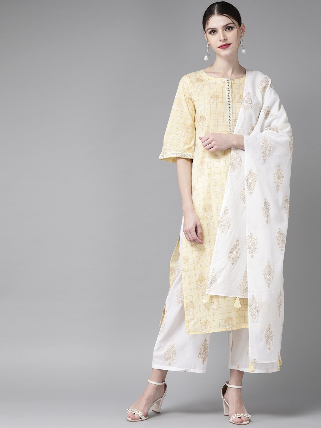 

Libas Women Yellow & White Printed Kurta with Palazzos & Dupatta