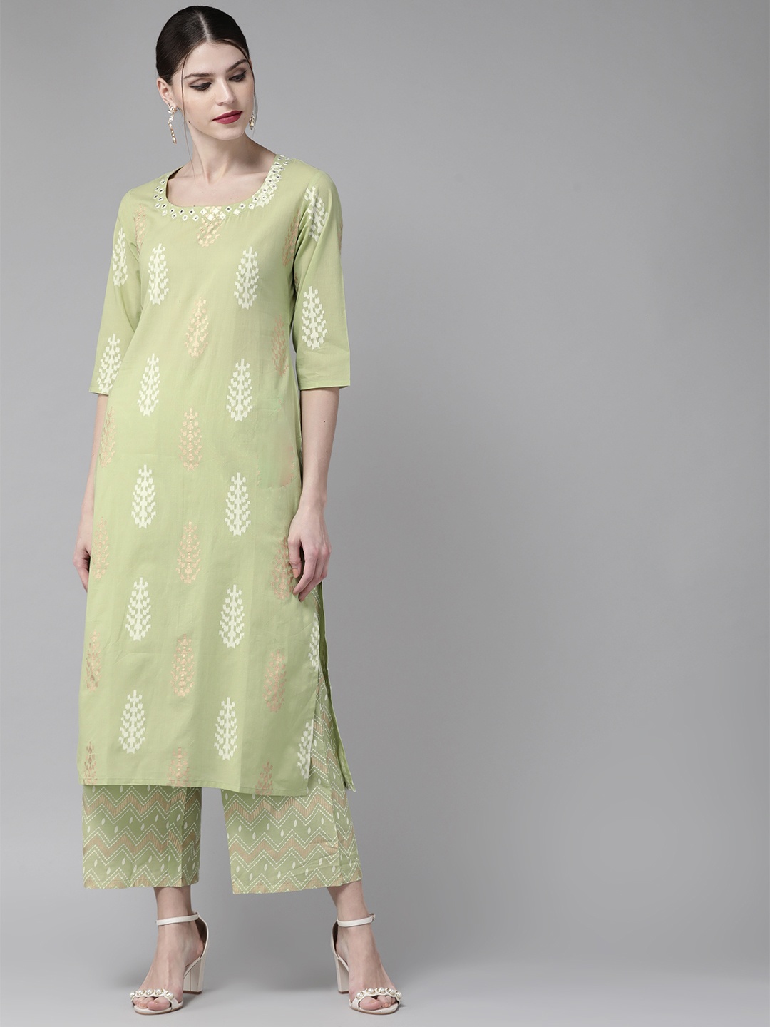 

Libas Women Green & White Printed Kurta with Palazzos