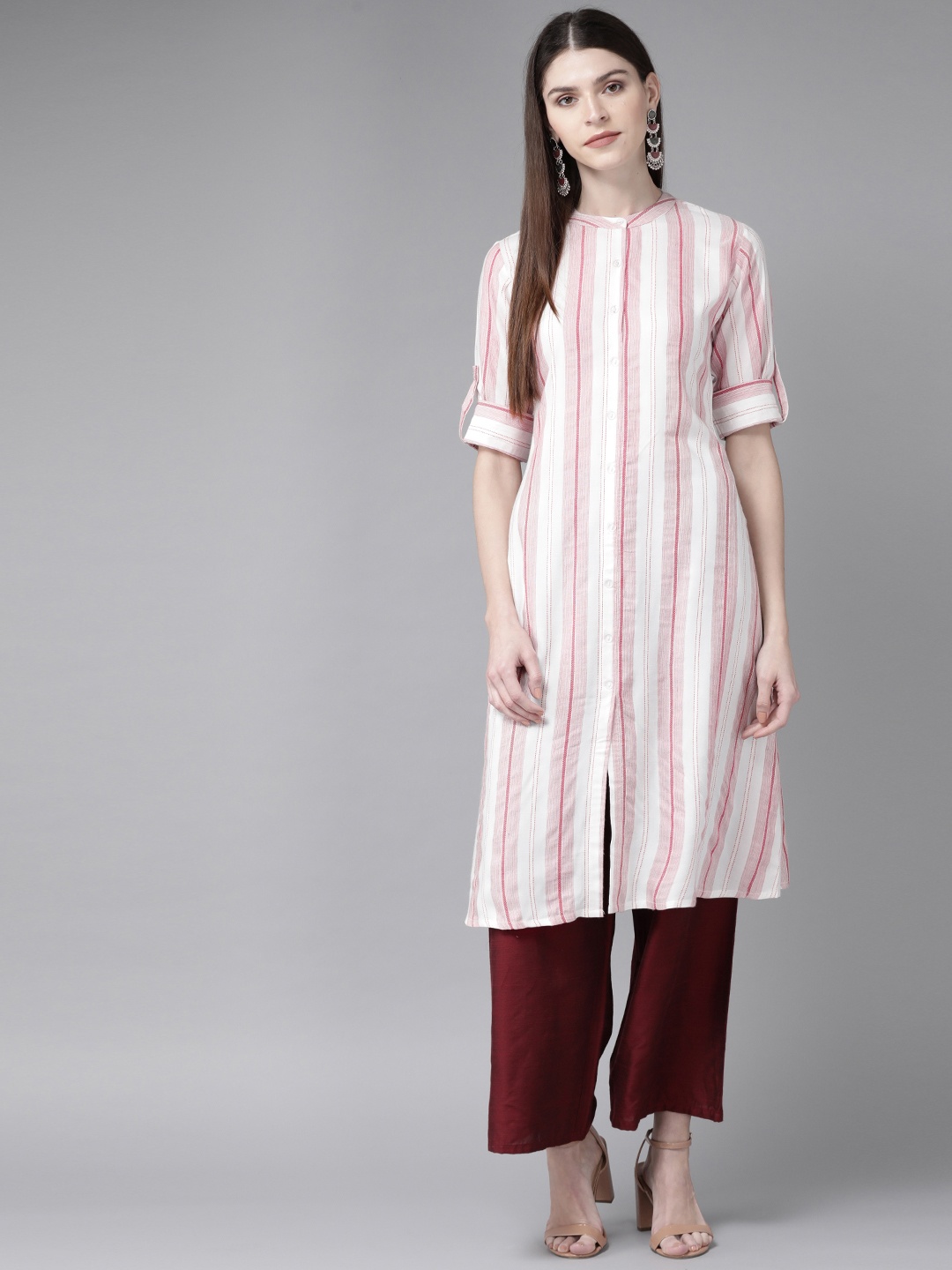

Libas Women White & Red Striped A-Line Kurta