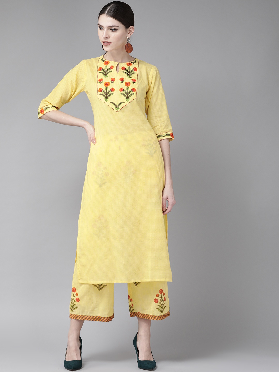 

Libas Women Yellow & Orange Yoke Design Semi Sheer Kurta with Palazzos