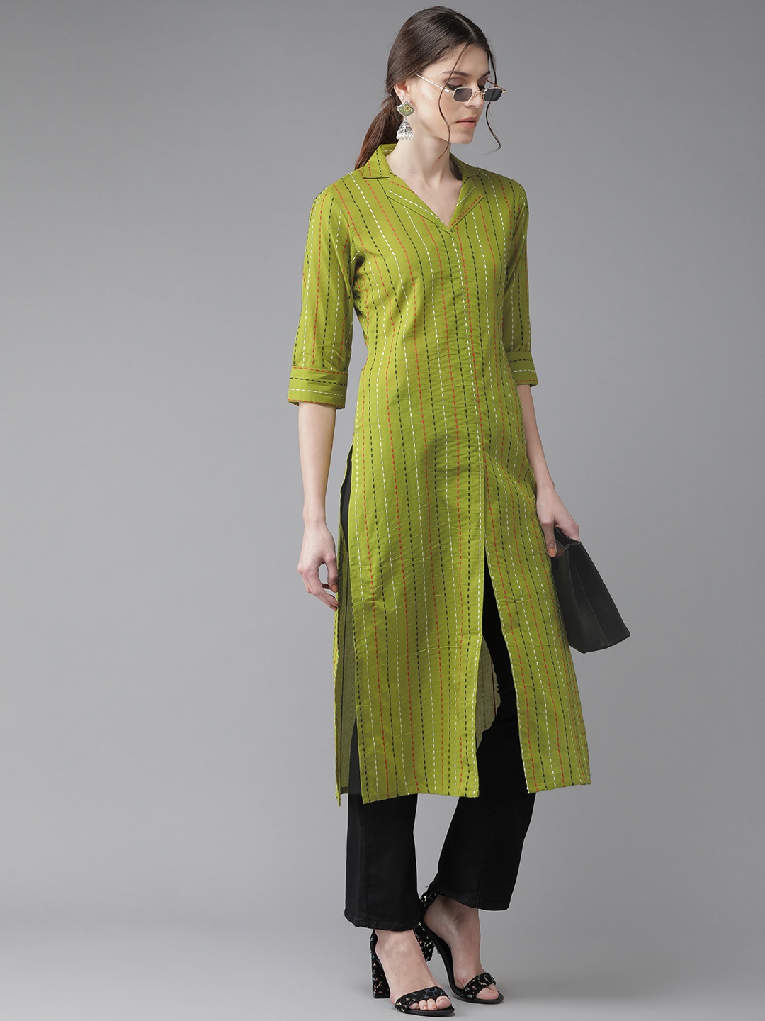 

Libas Women Green & Navy Blue Striped Straight Kurta