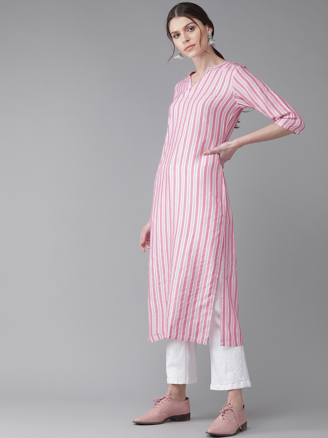 

Libas Women Pink & White Striped Straight Kurta