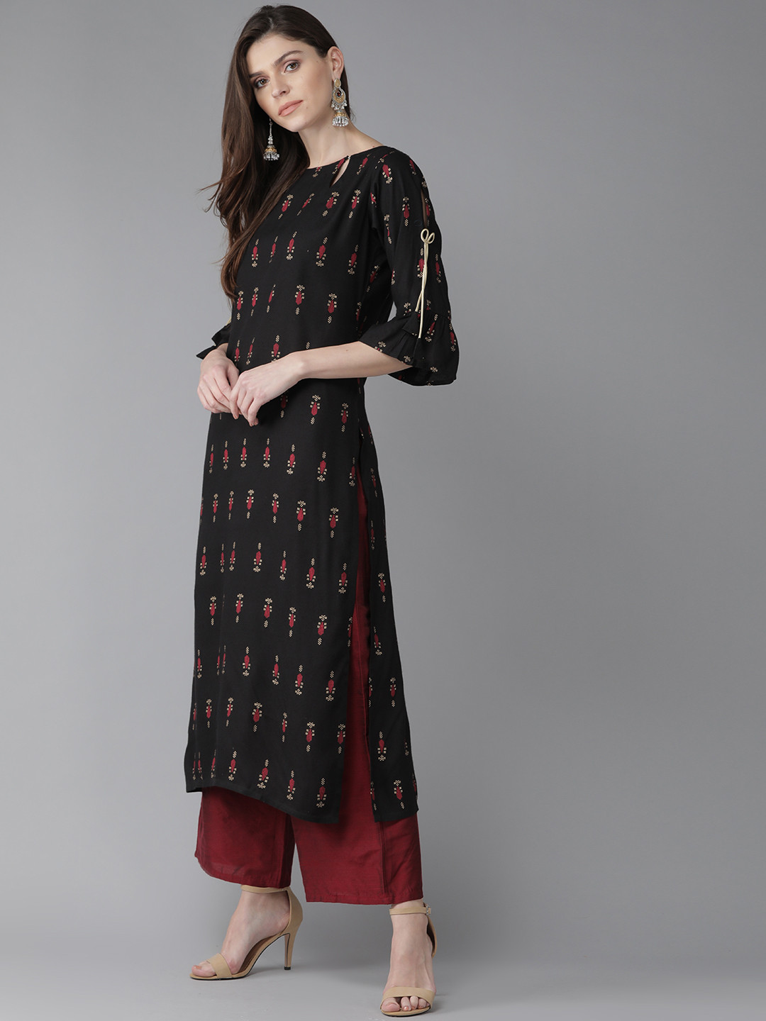 

Libas Women Black & Maroon Printed Straight Kurta