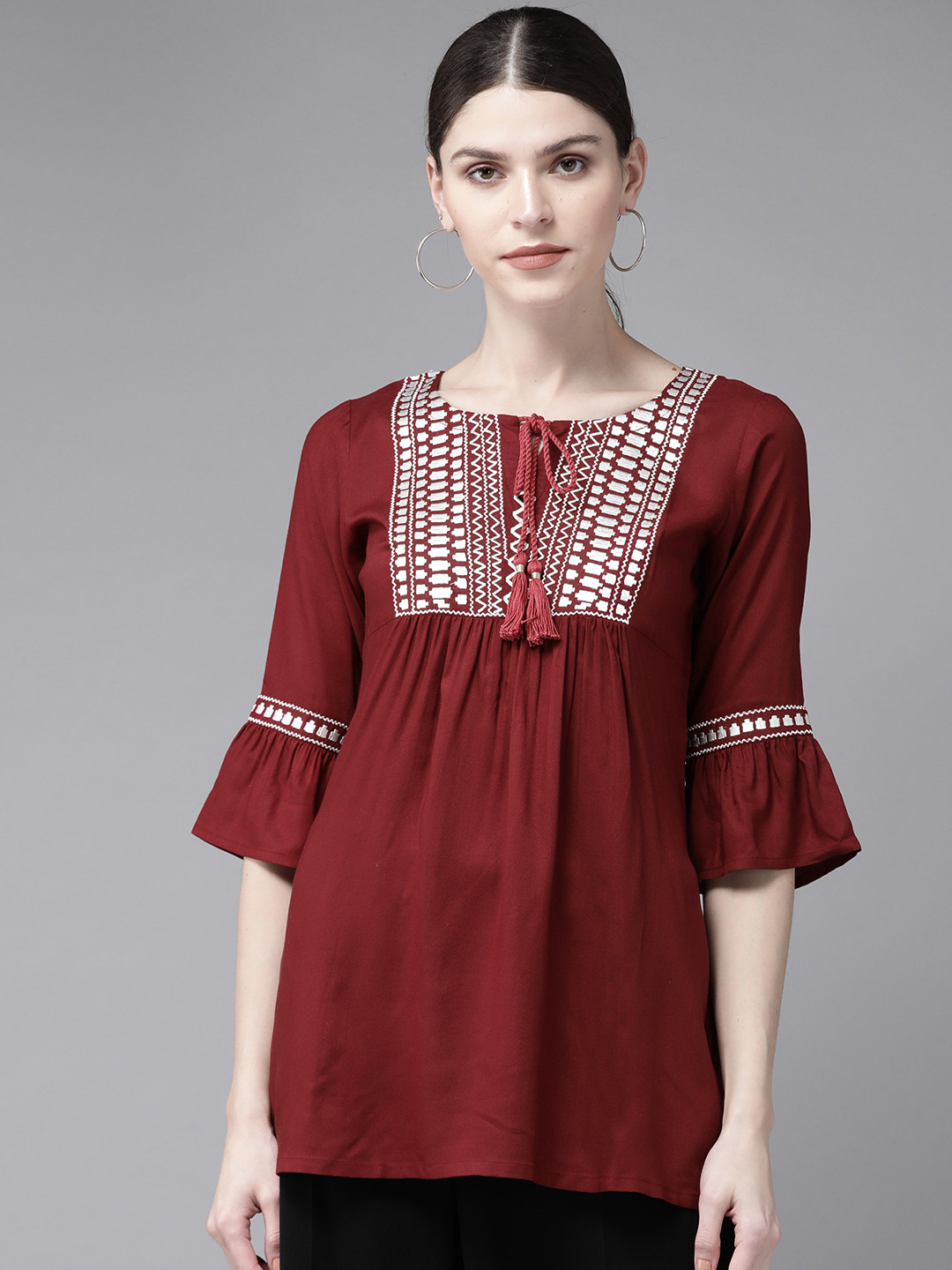 

Libas Women Maroon & White Yoke Design Kurti