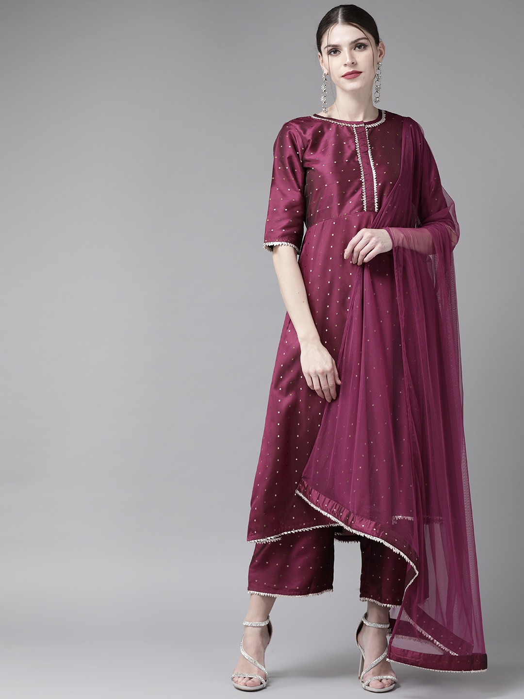 

Libas Women Purple & Golden Woven Design Kurta with Palazzos & Dupatta