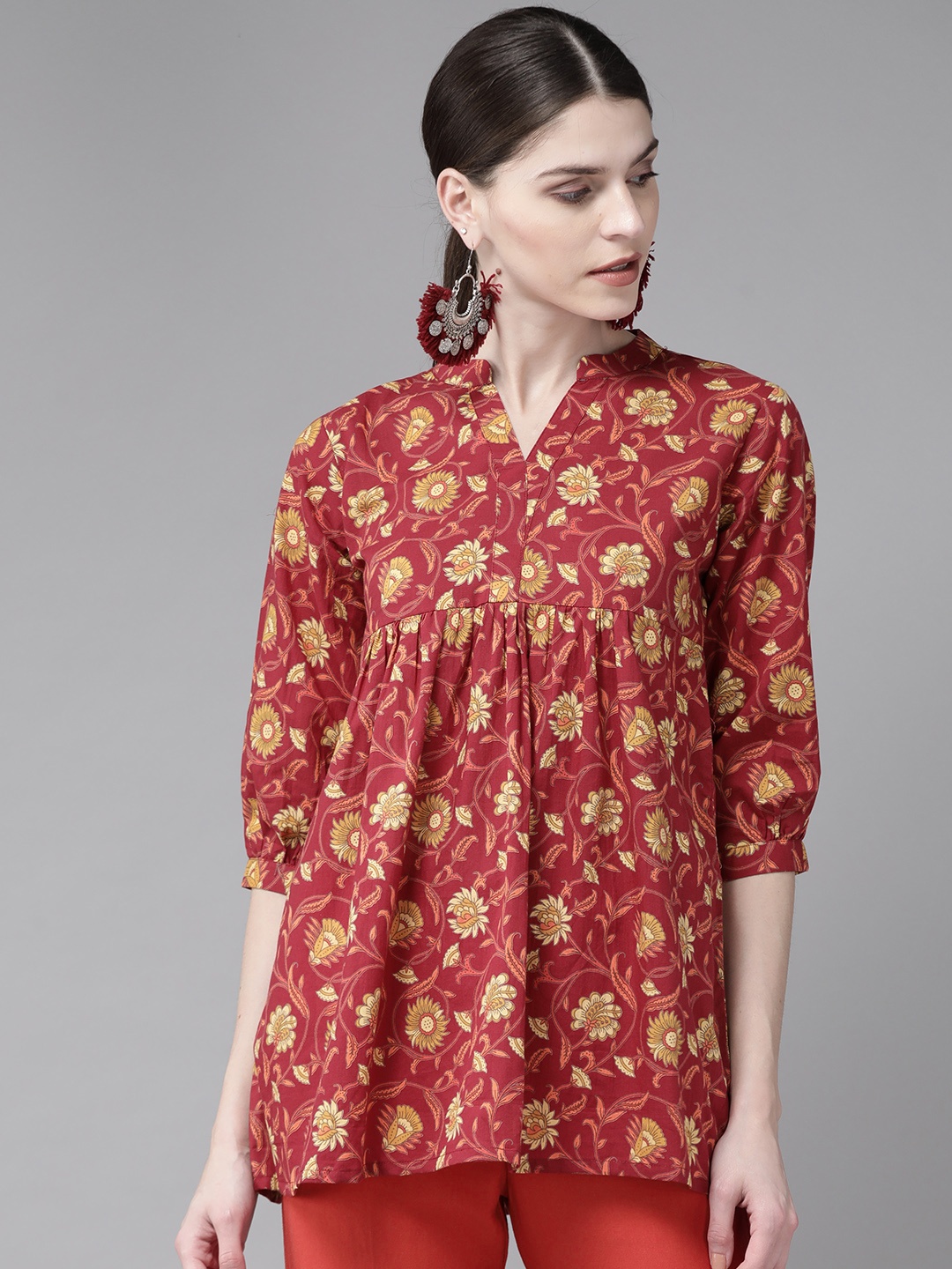 

Libas Women Red & Mustard Yellow Printed Pure Cotton A-Line Kurti