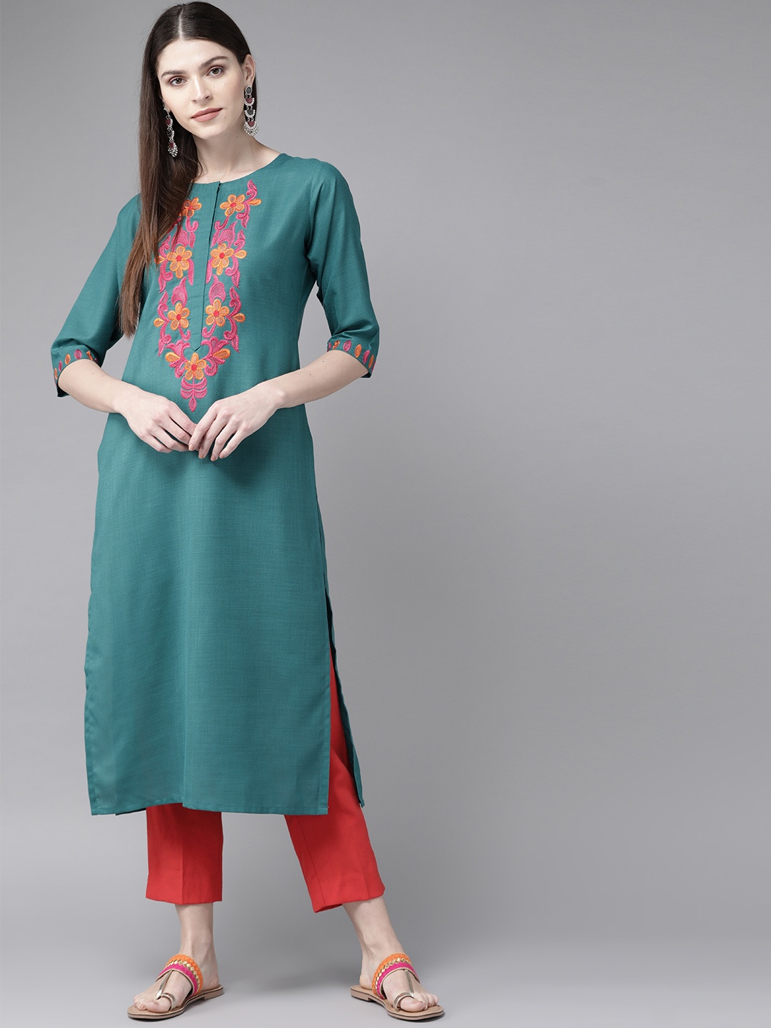 

Libas Women Teal Green & Pink Yoke Design Straight Kurta