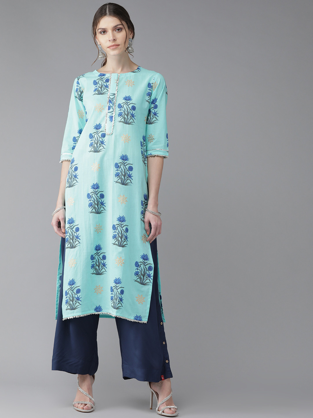 

Libas Women Blue & Charcoal Grey Floral Print Straight Kurta