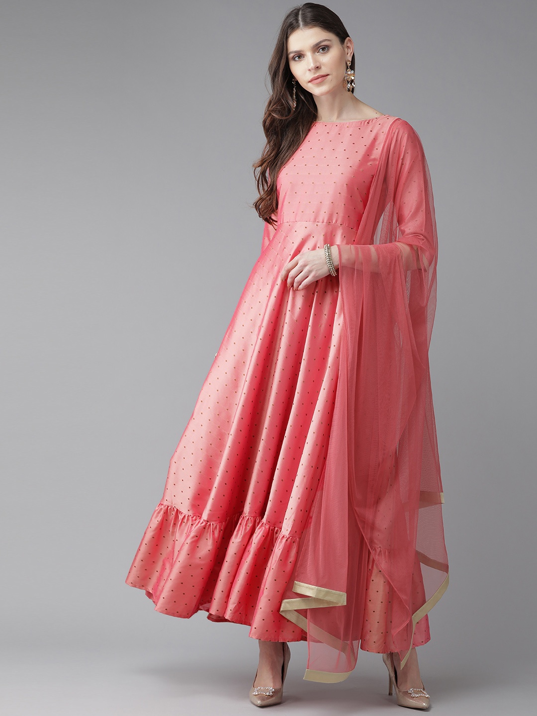 

Libas Women Coral Pink & Golden Self Design Maxi Dress with Net Dupatta