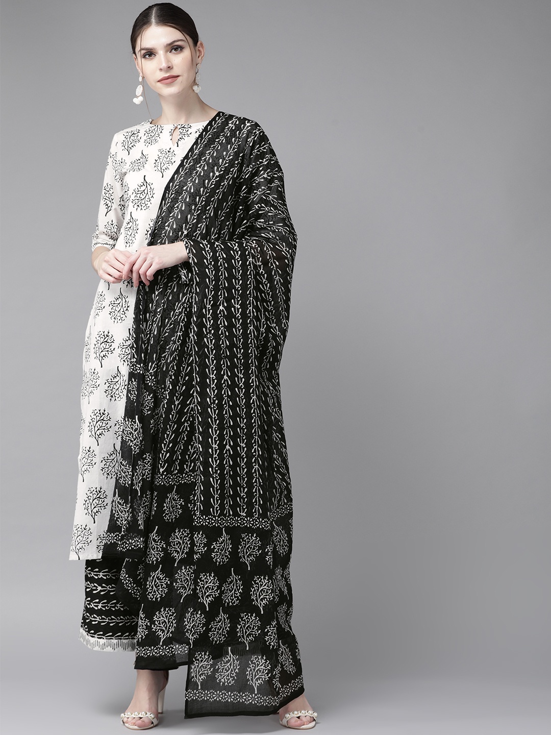

Libas Women White & Black Printed Kurta with Palazzos & Dupatta