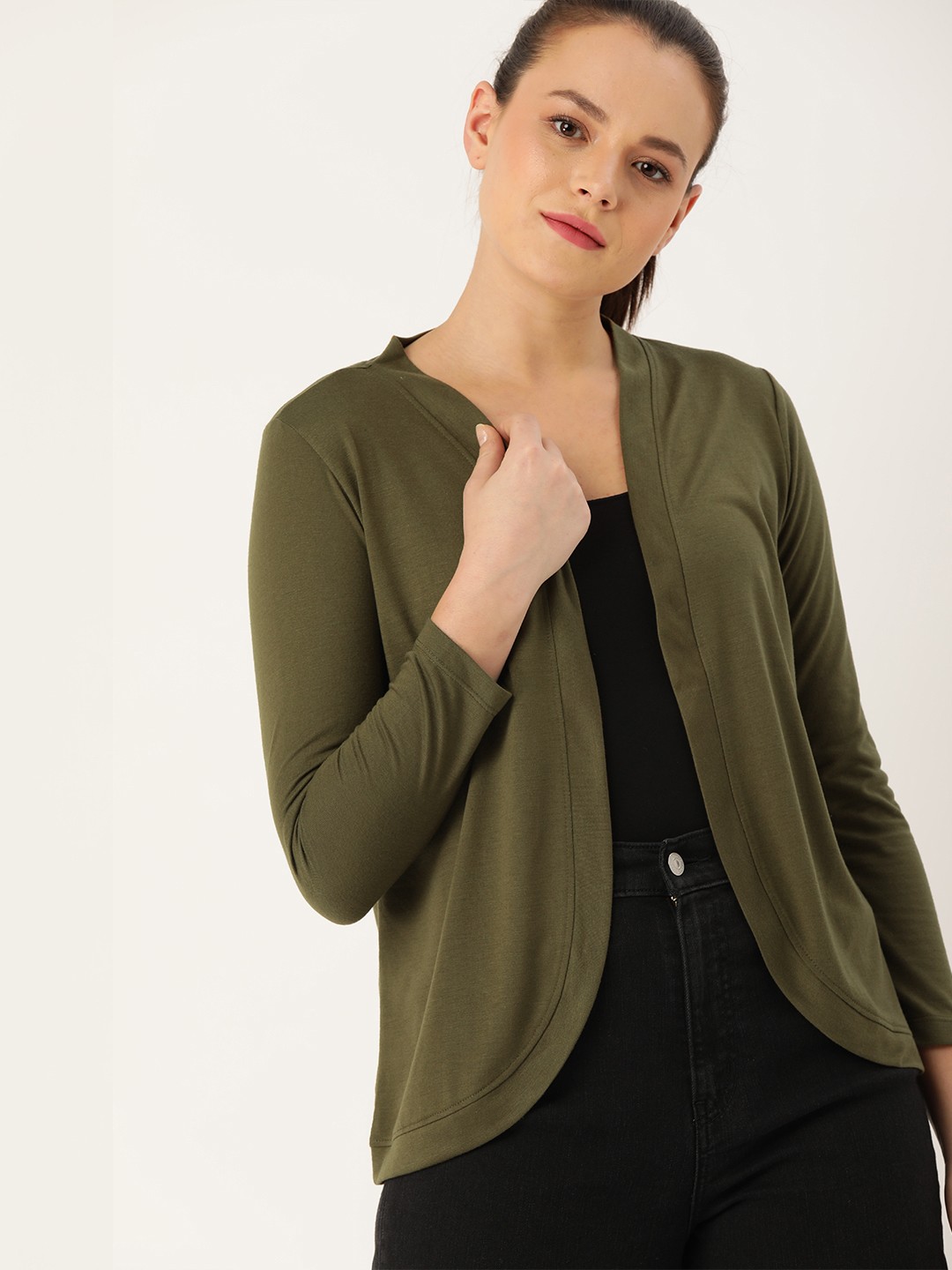 

DressBerry Women Olive Green Solid Open Front Shrug