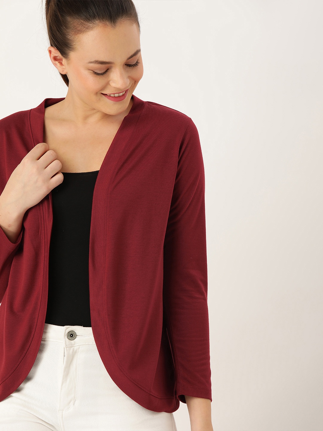 

DressBerry Women Maroon Solid Open Front Shrug
