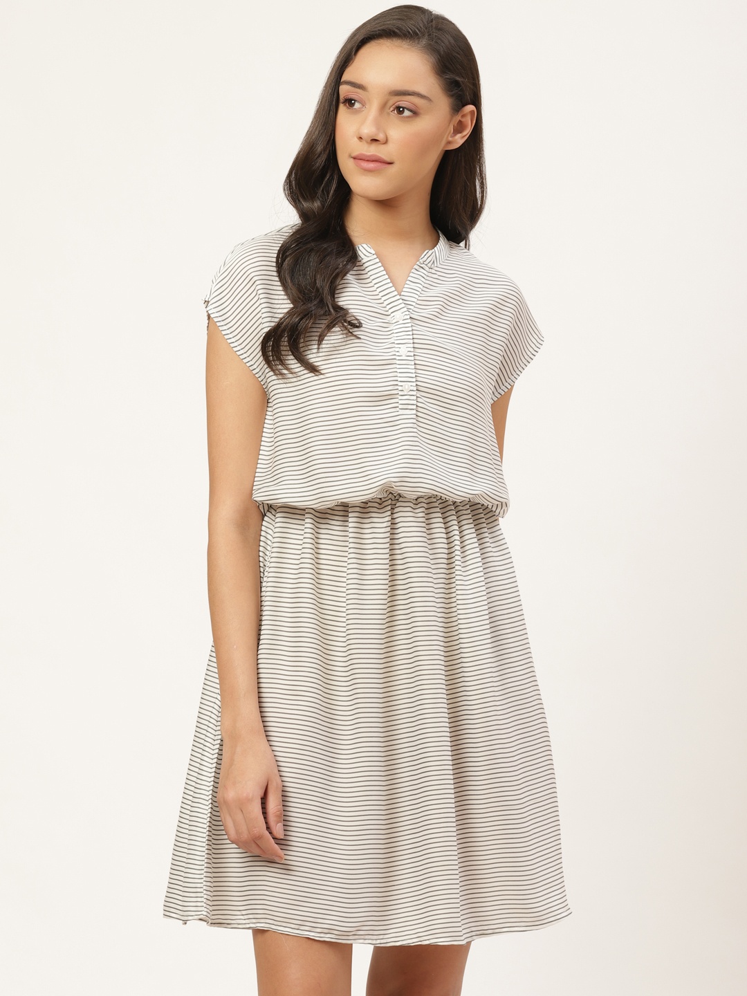 

Vaak Women White & Grey Striped Blouson Dress