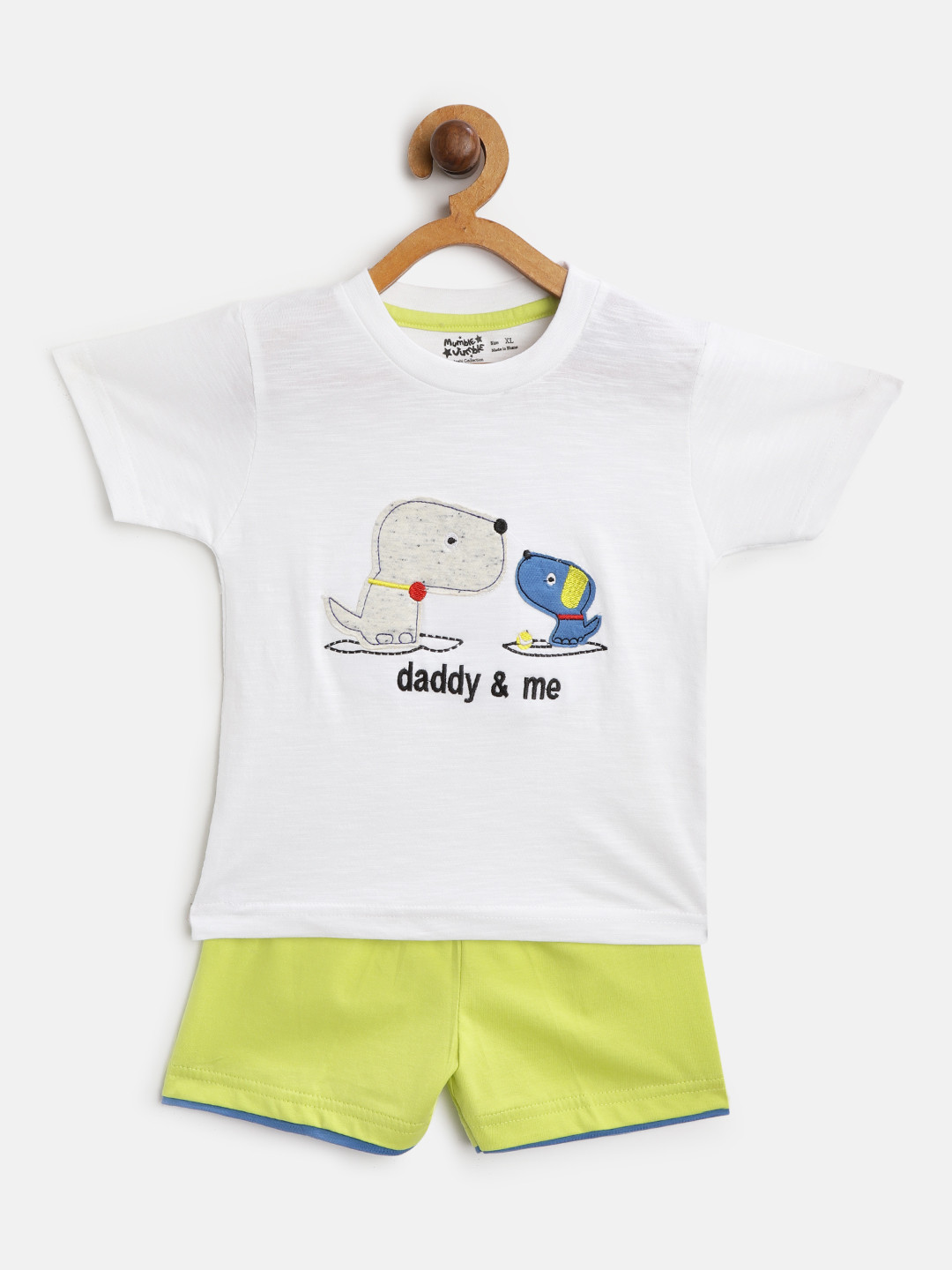 

Mumble Jumble Kids White & Lime Green Applique T-shirt with Shorts