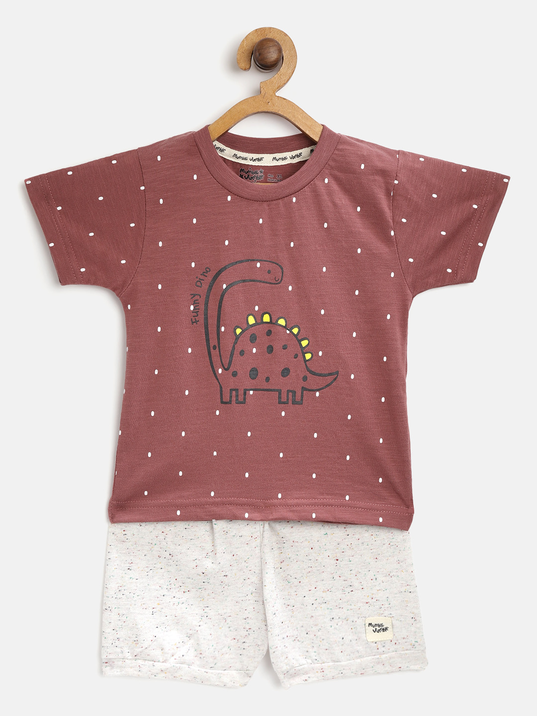 

Mumble Jumble Kids Burgundy & Grey Melange Printed T-shirt & Solid Shorts