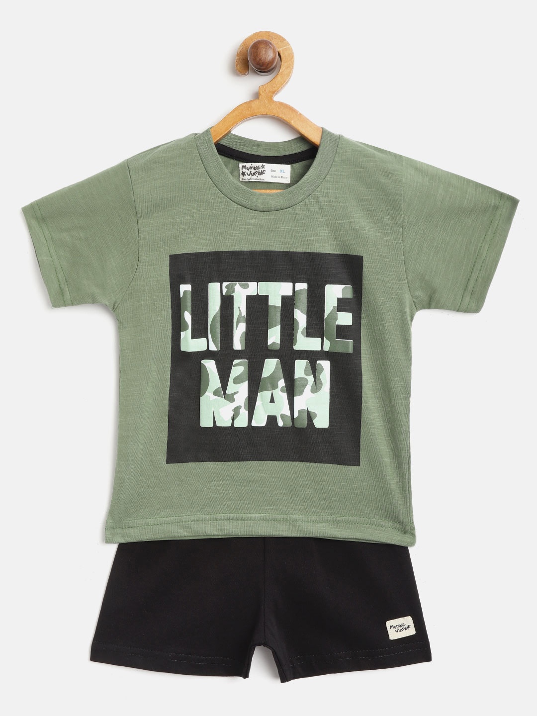 

Mumble Jumble Kids Olive Green & Black Printed T-shirt & Solid Shorts