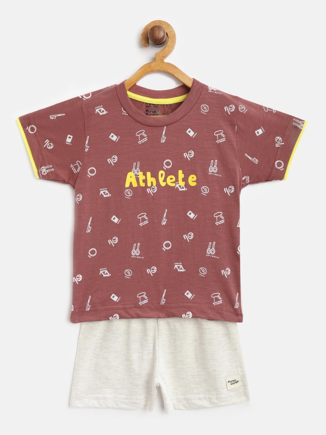 

Mumble Jumble Kids Rust Brown & Grey Melange Printed T-shirt & Solid Shorts