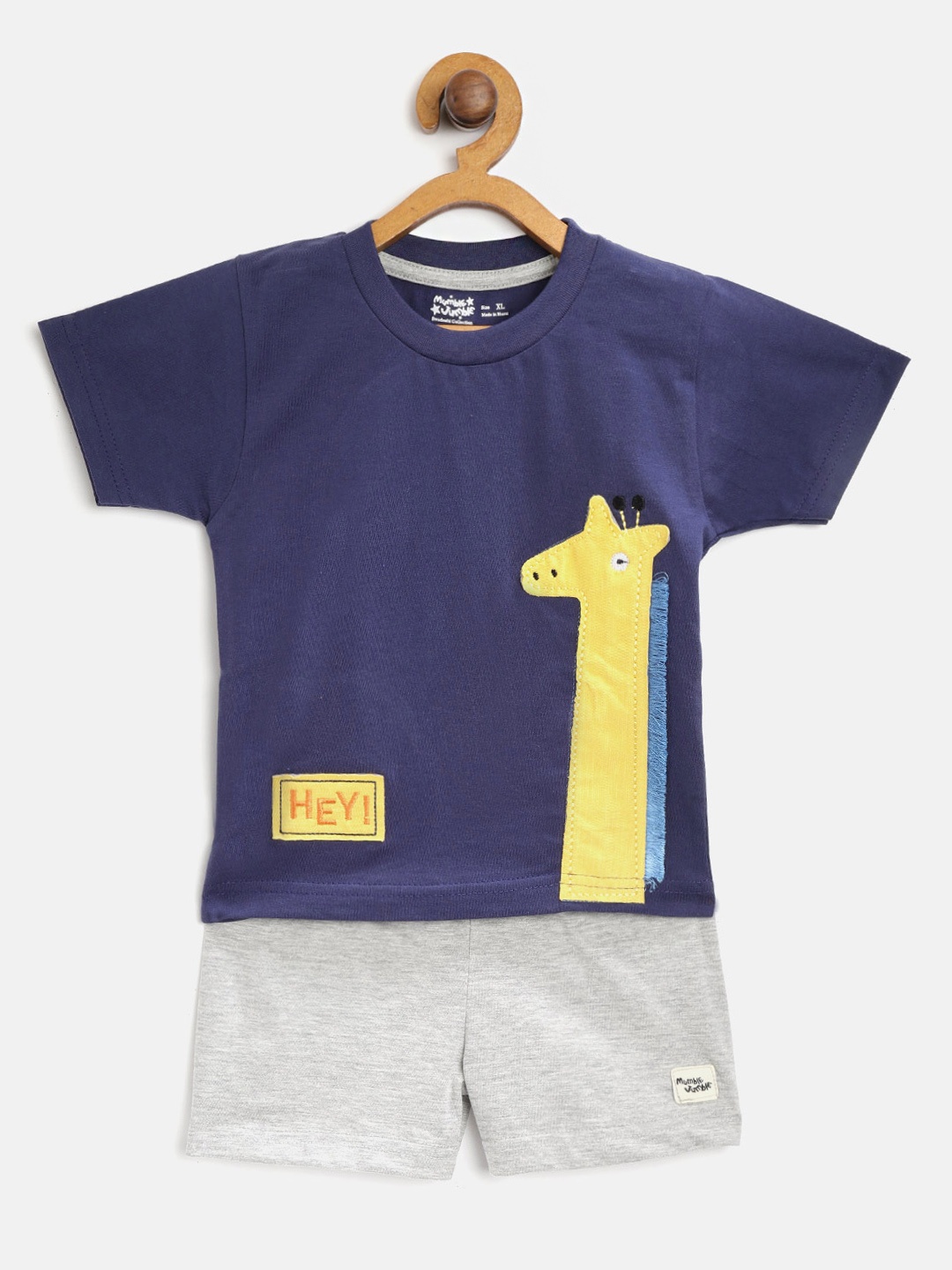 

Mumble Jumble Kids Navy Blue & Grey Melange Applique T-Shirt with Shorts