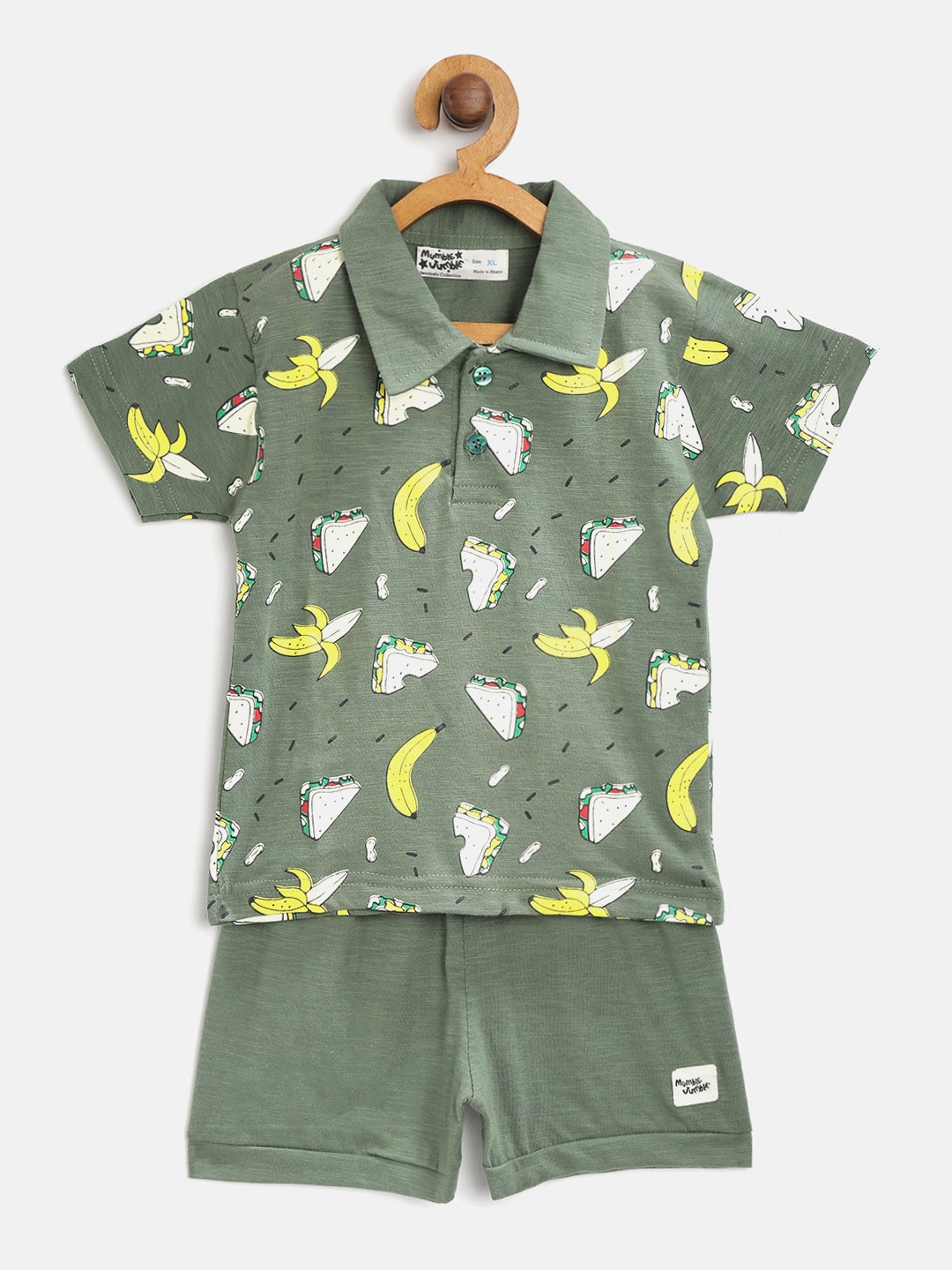 

Mumble Jumble Kids Olive Green & Yellow Printed T-shirt with Shorts