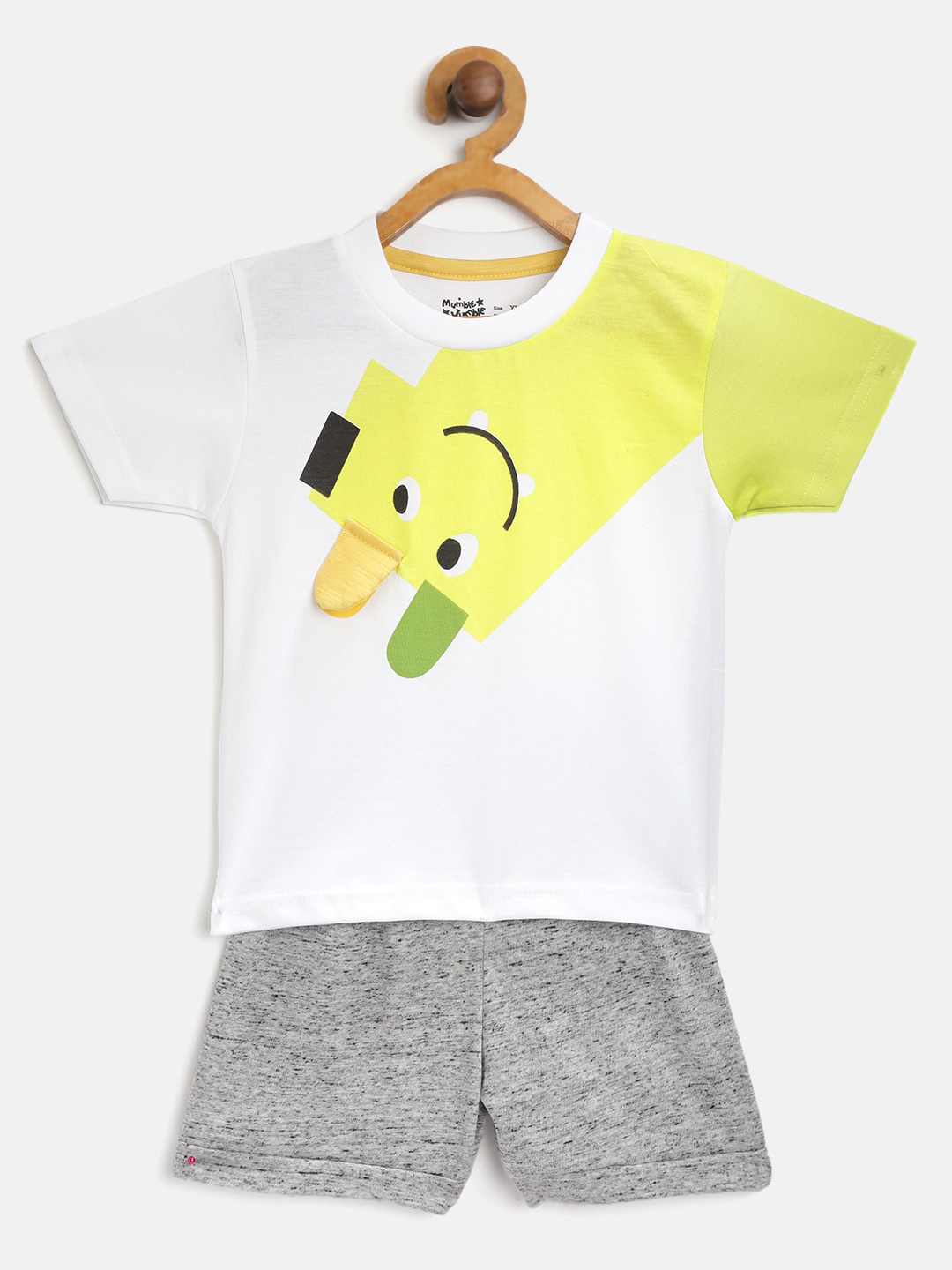 

Mumble Jumble Kids White & Grey Melange Printed T-shirt & Solid Shorts