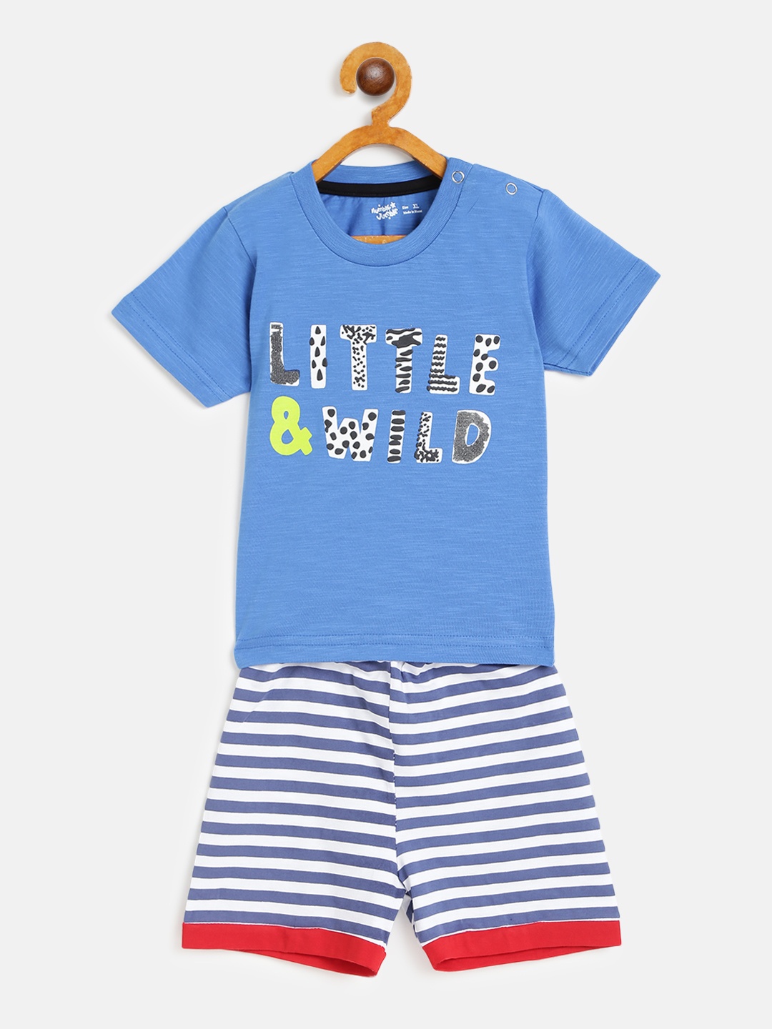 

Mumble Jumble Kids Blue & White Printed T-shirt with Striped Shorts