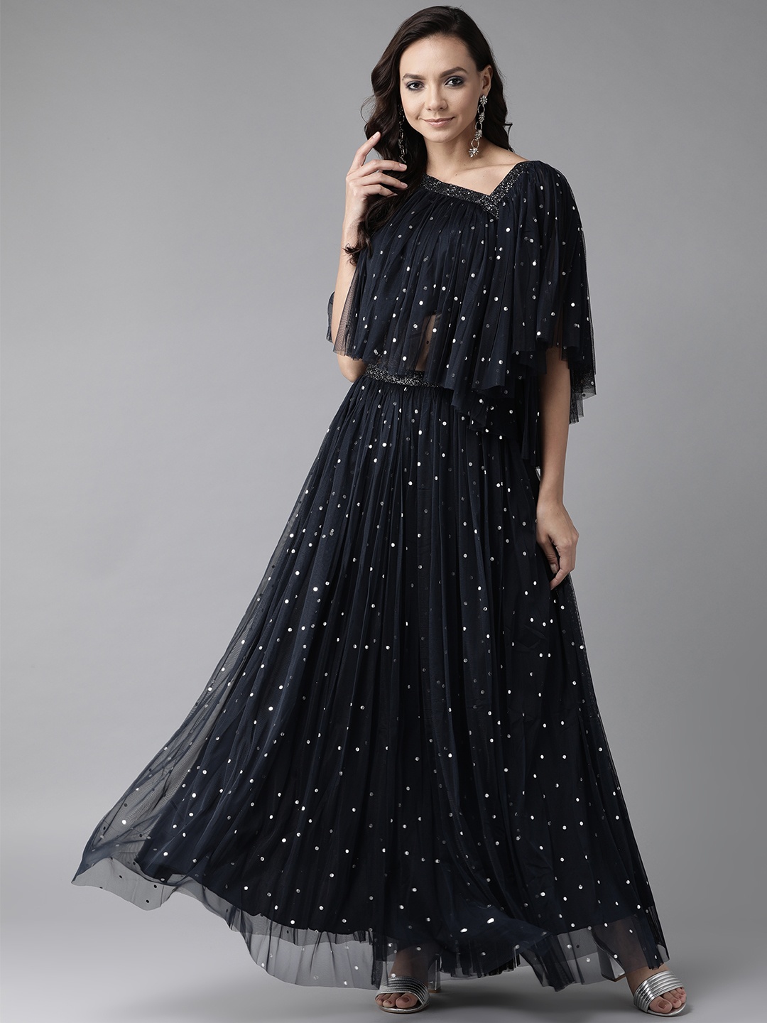 

Ahalyaa Women Navy Blue & Silver Foil Print Layered Top with Skirt