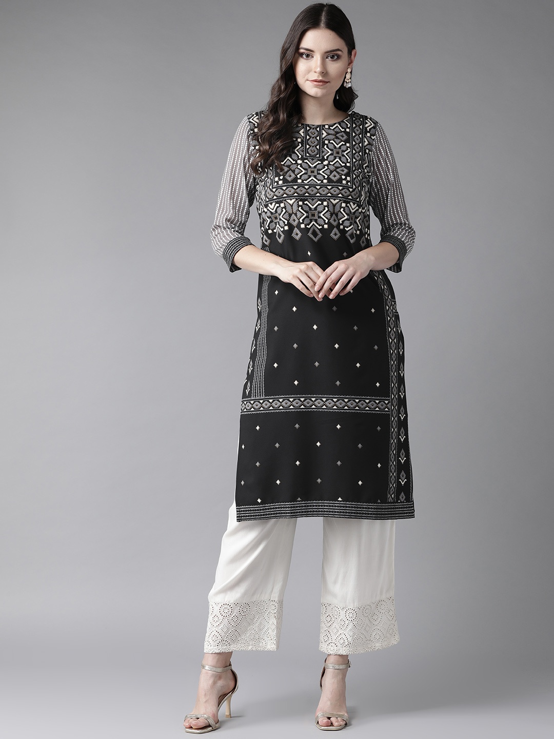 

Ahalyaa Women Black & Grey Screen Print Straight Kurta