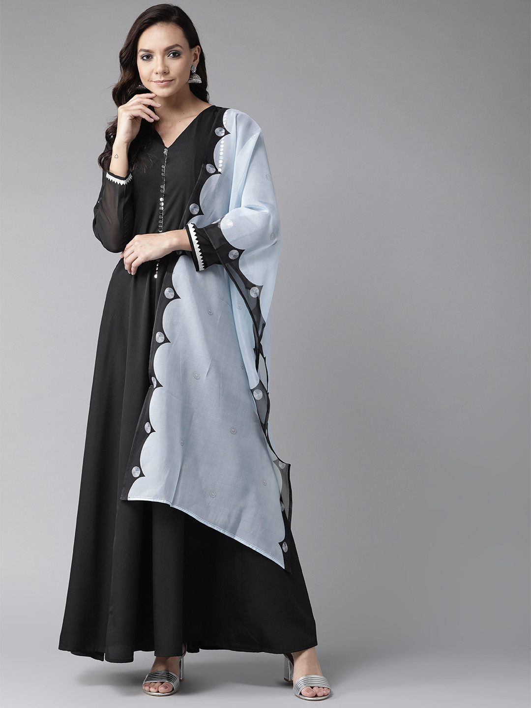 

Ahalyaa Women Black Solid Maxi Dress With Dupatta