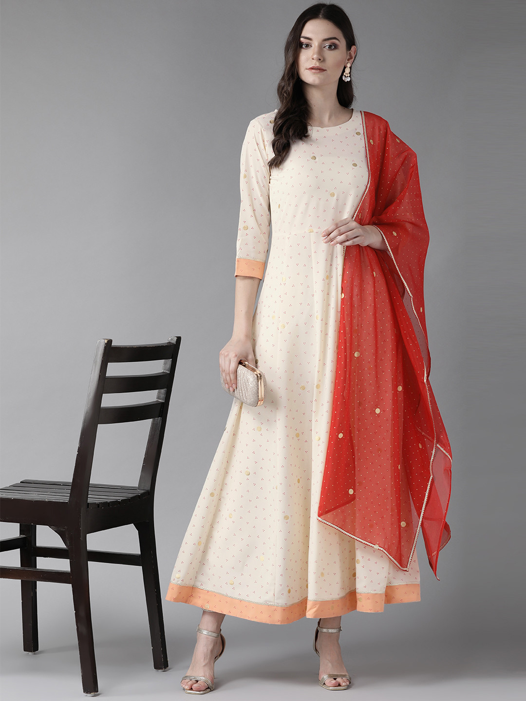 

Ahalyaa Women Off-White & Red Printed Maxi Dress With Dupatta