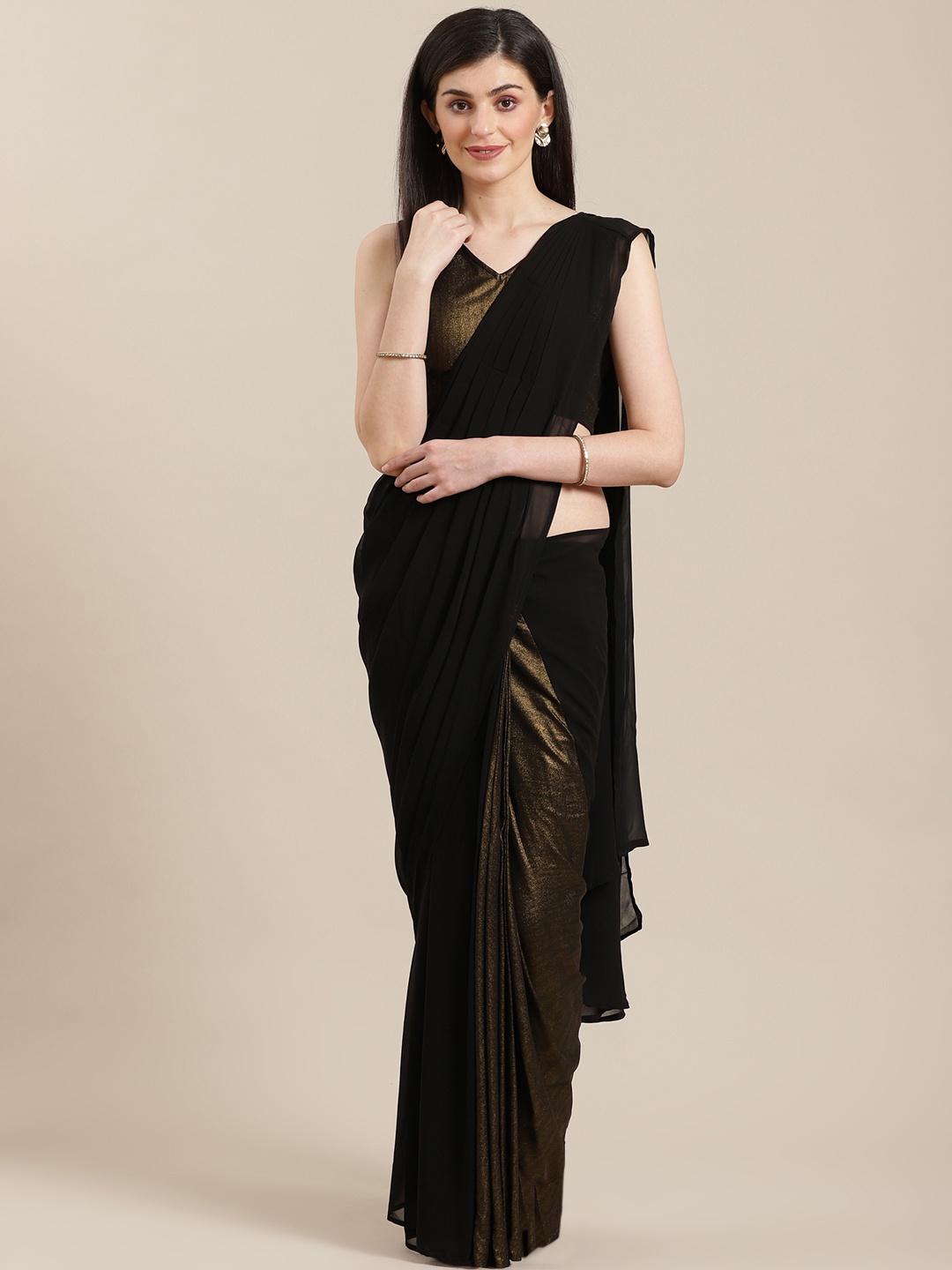 

Ahalyaa Black & Golden Colourblocked Ready to Wear Saree