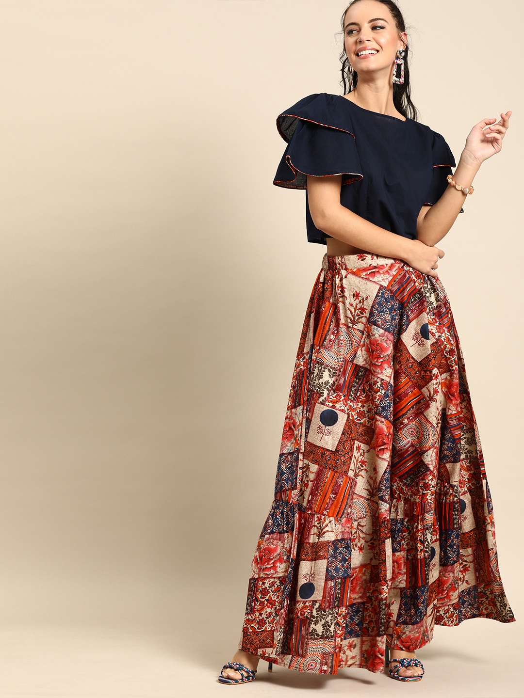 

Nayo Women Navy Blue & Red Solid Top with Skirt