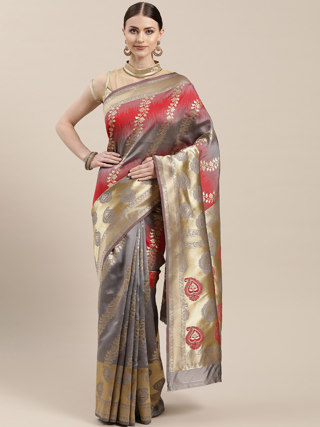 

Chhabra 555 Grey & Red Zari Woven Design Kanjeevaram Saree