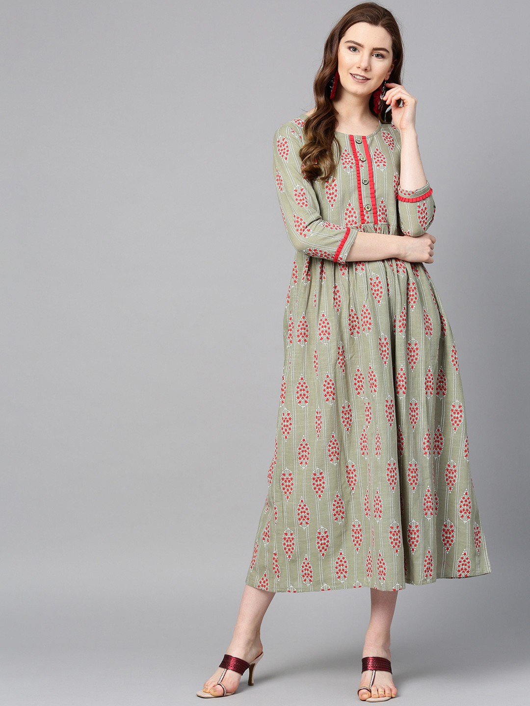 

Sringam Women Grey & Red Printed Maxi Dress