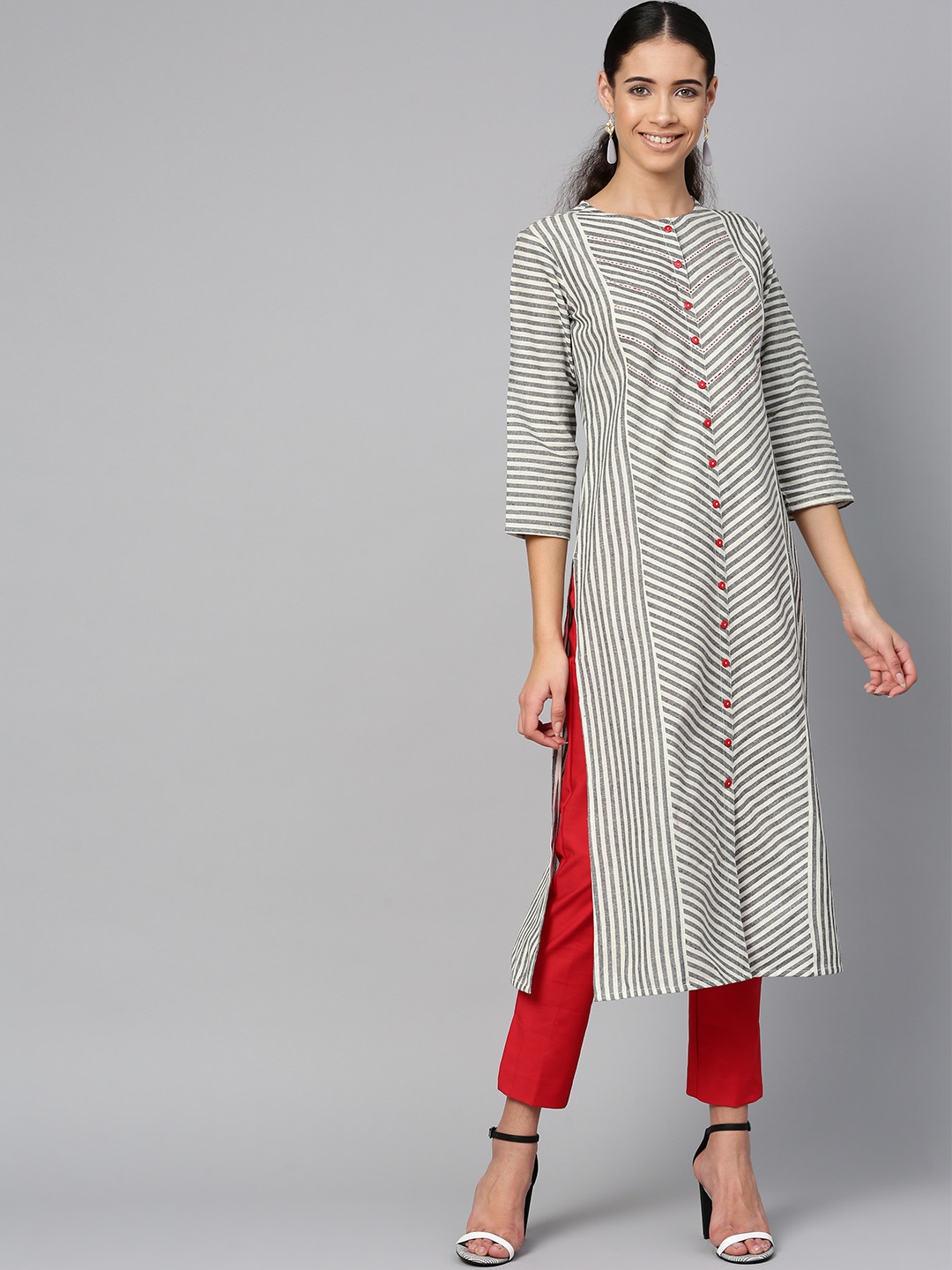 

Sringam Women White & Black Striped Straight Kurta