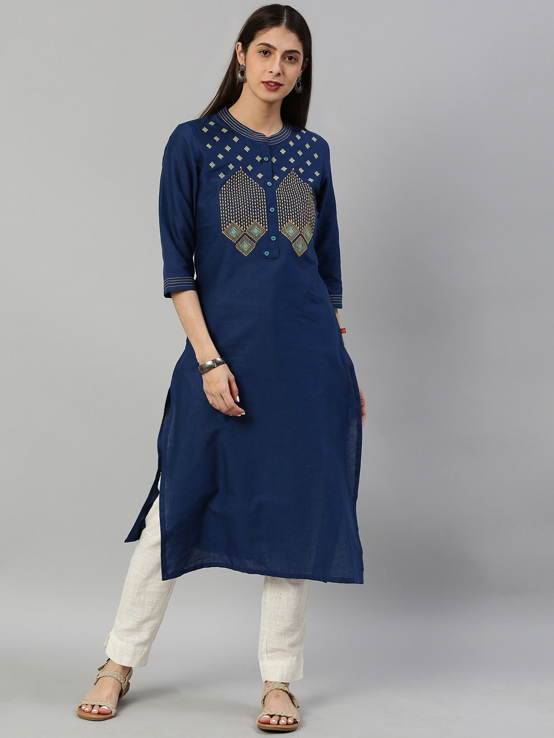 

Alena Women Navy Blue Embroidered Straight Kurta
