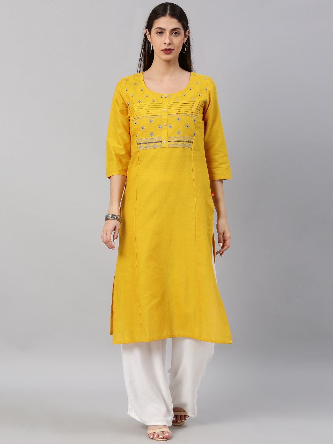 

Alena Women Mustard Yellow Embroidered Straight Kurta