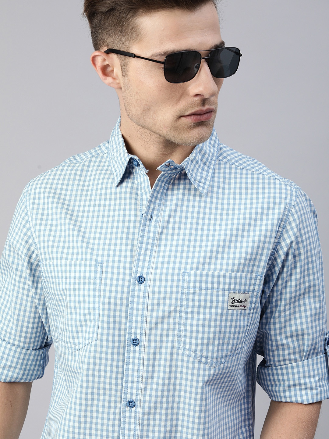 

Roadster Men Blue & White Regular Fit Gingham Checked Casual Shirt