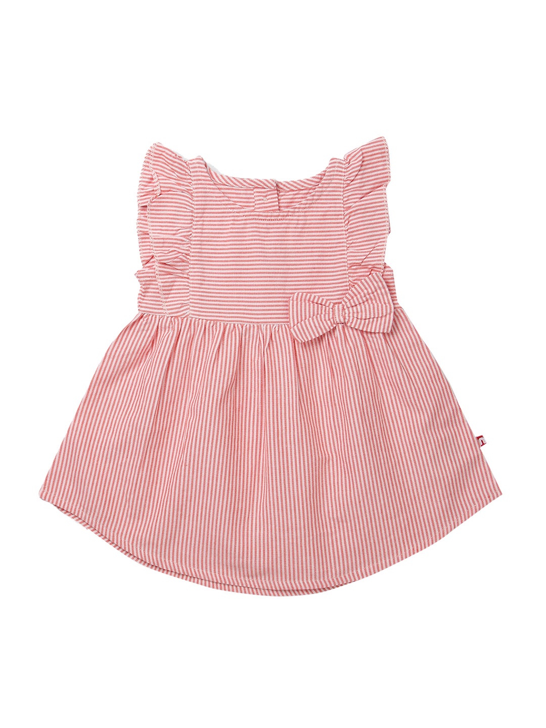 

Nino Bambino Girls Red Organic Cotton Sustainable Striped Mini Ruffled Bow Fit & Flare Dress