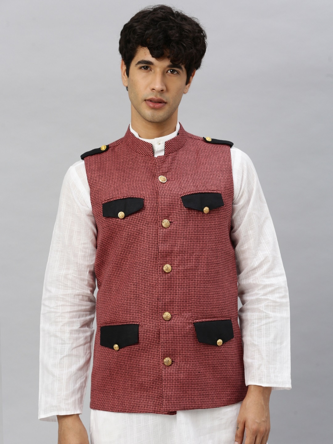 

Svanik Men Red and Black Checked Nehru Jacket