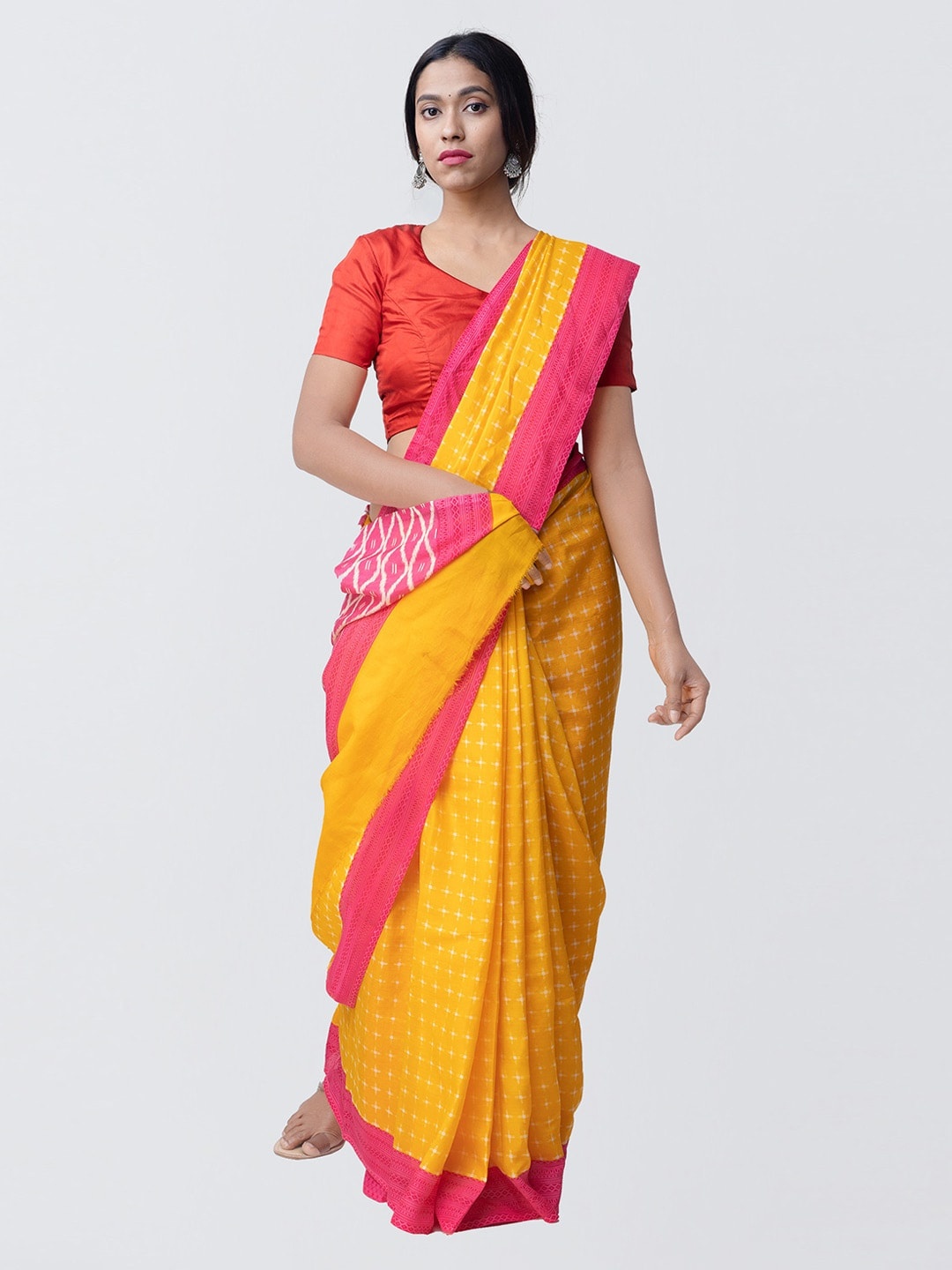 

Unnati Silks Yellow & Pink Art Silk Printed Pochampally Handloom Sustainable Saree