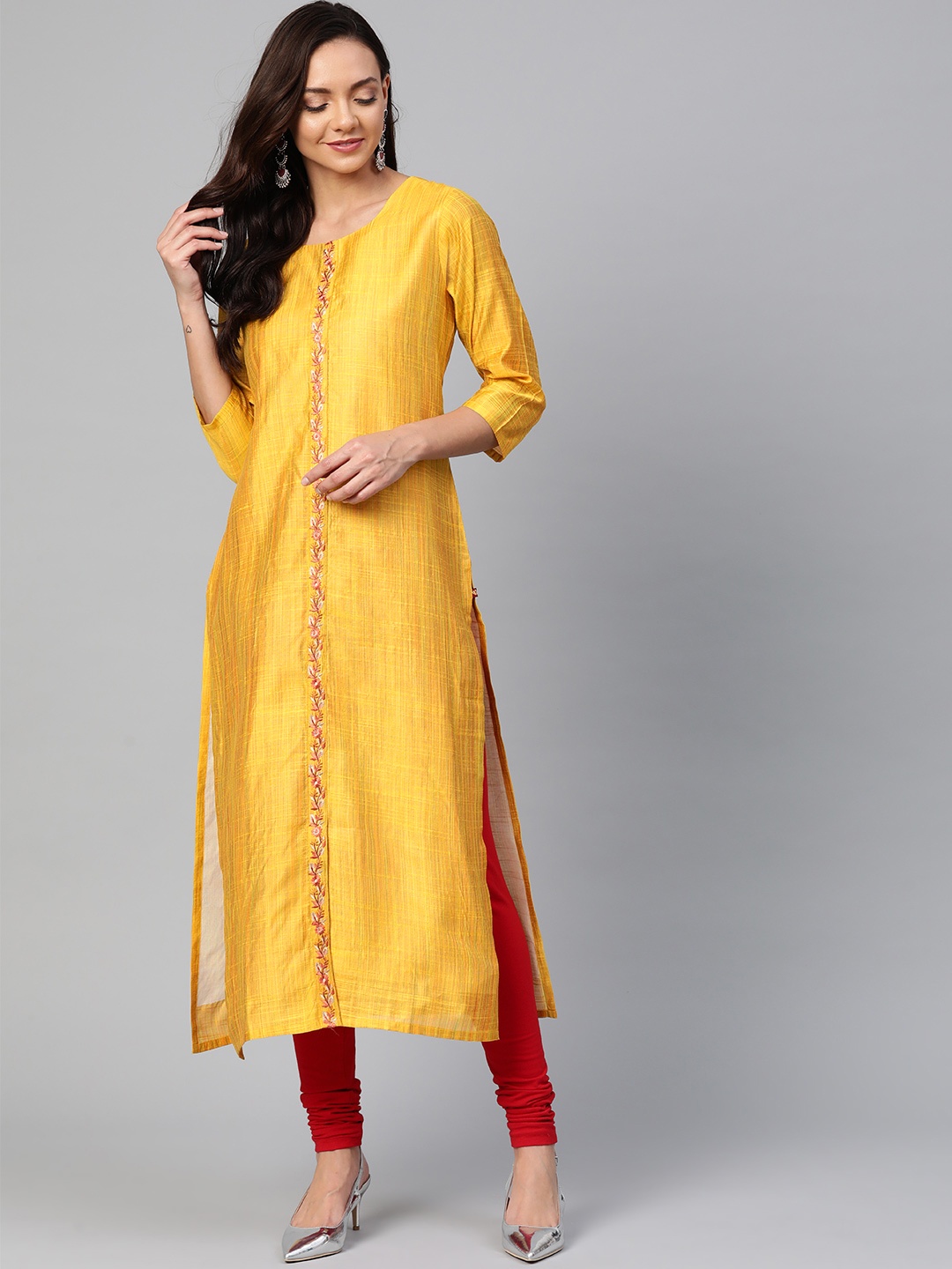 

KSUT Women Mustard Yellow Woven Design Straight Kurta