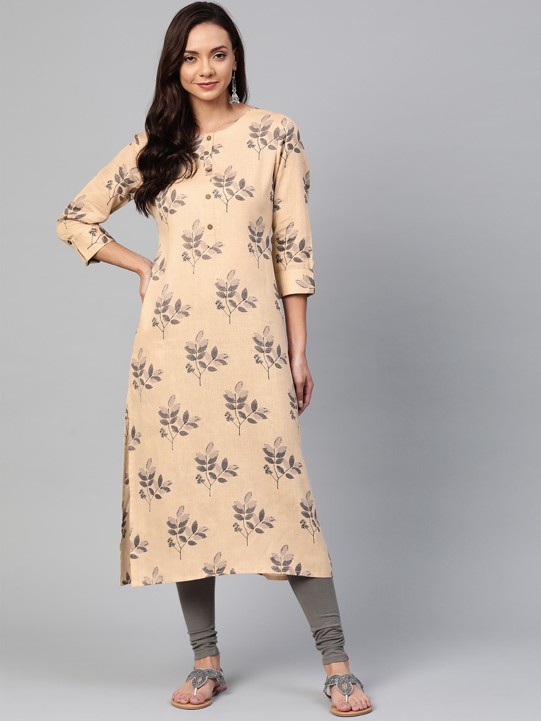 

KSUT Women Beige & Grey Printed Straight Kurta