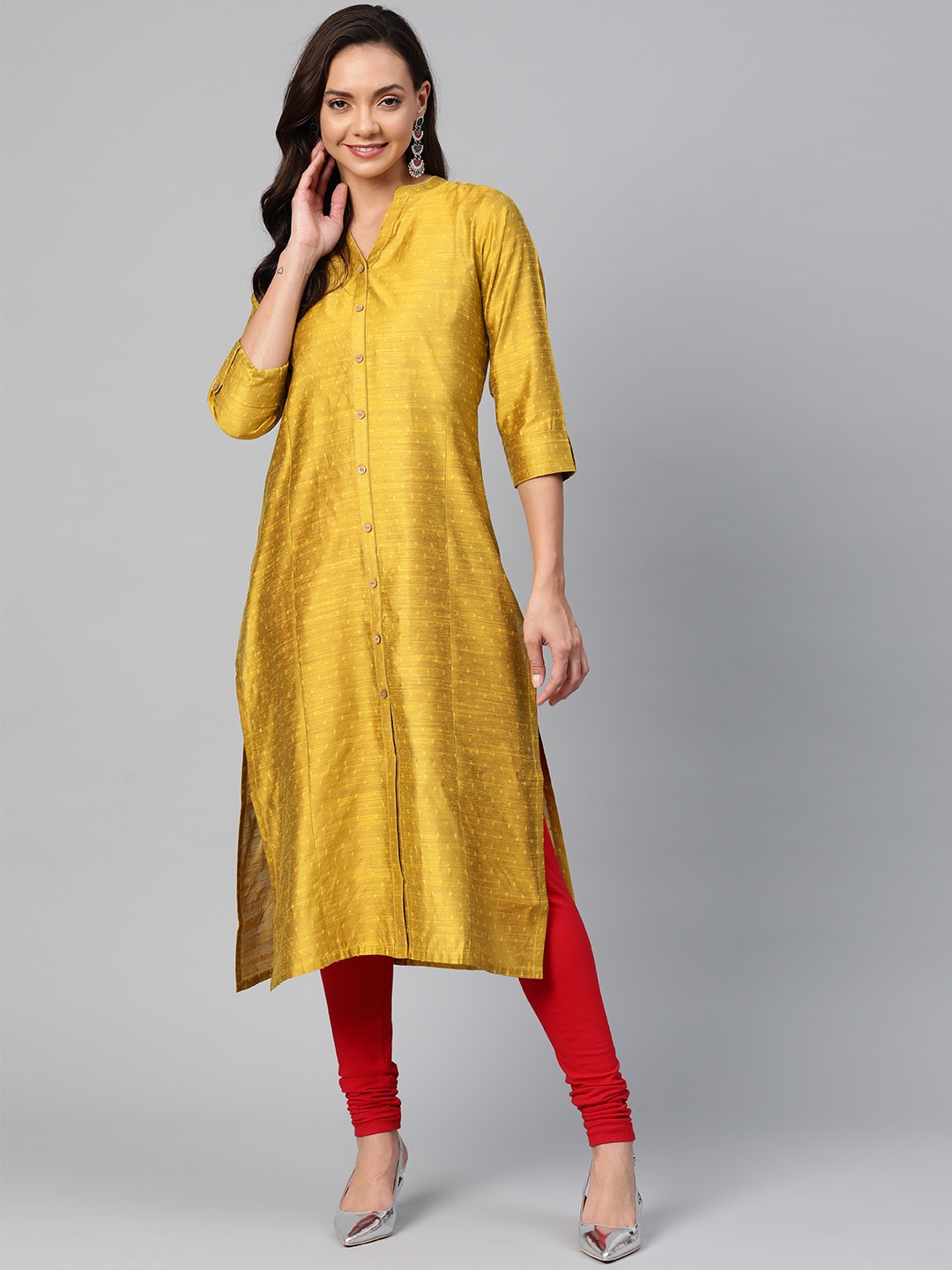 

KSUT Women Mustard Yellow Woven Design Straight Kurta