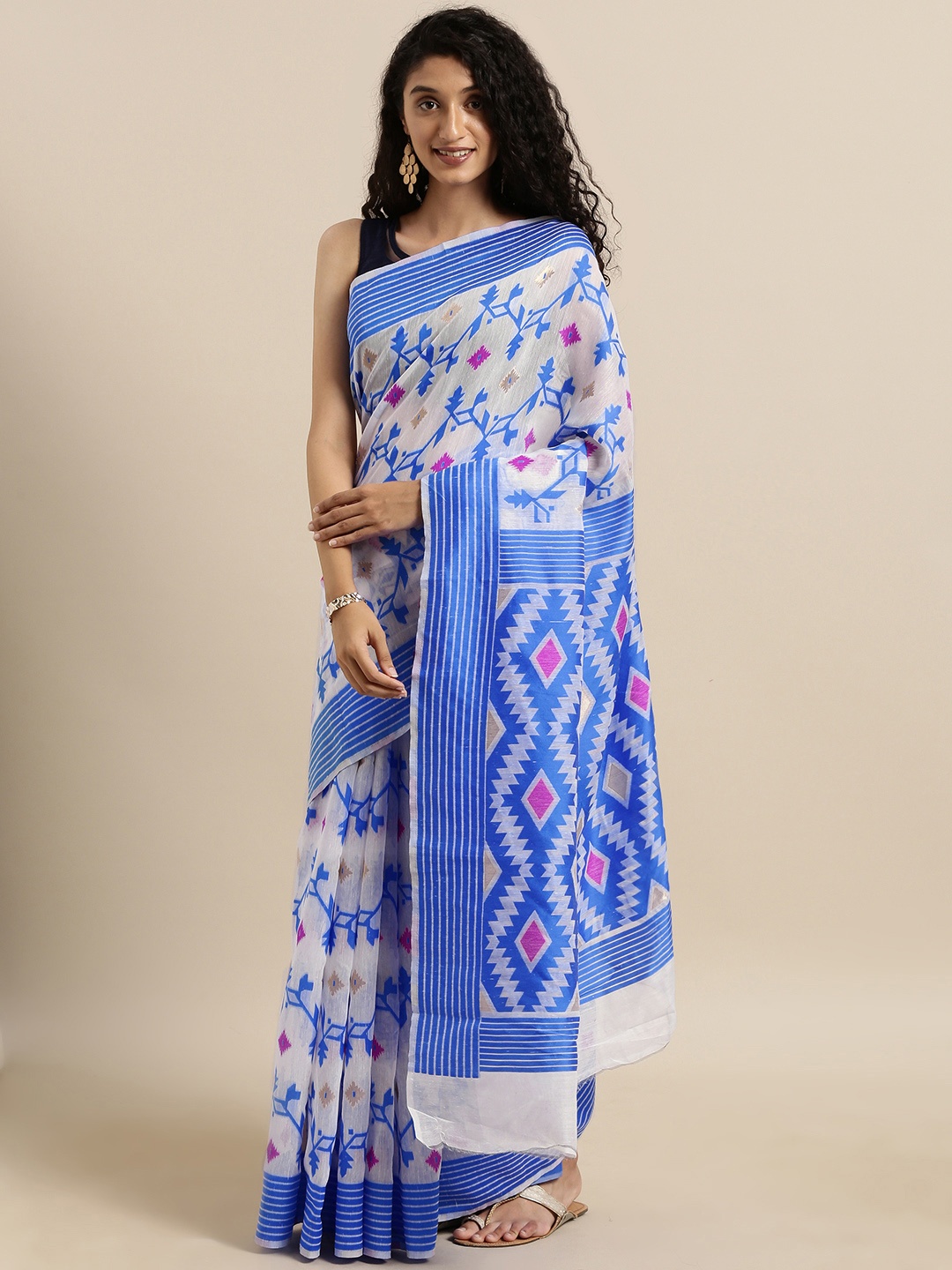 

VASTRANAND White & Blue Silk Cotton Woven Design Jamdani Saree