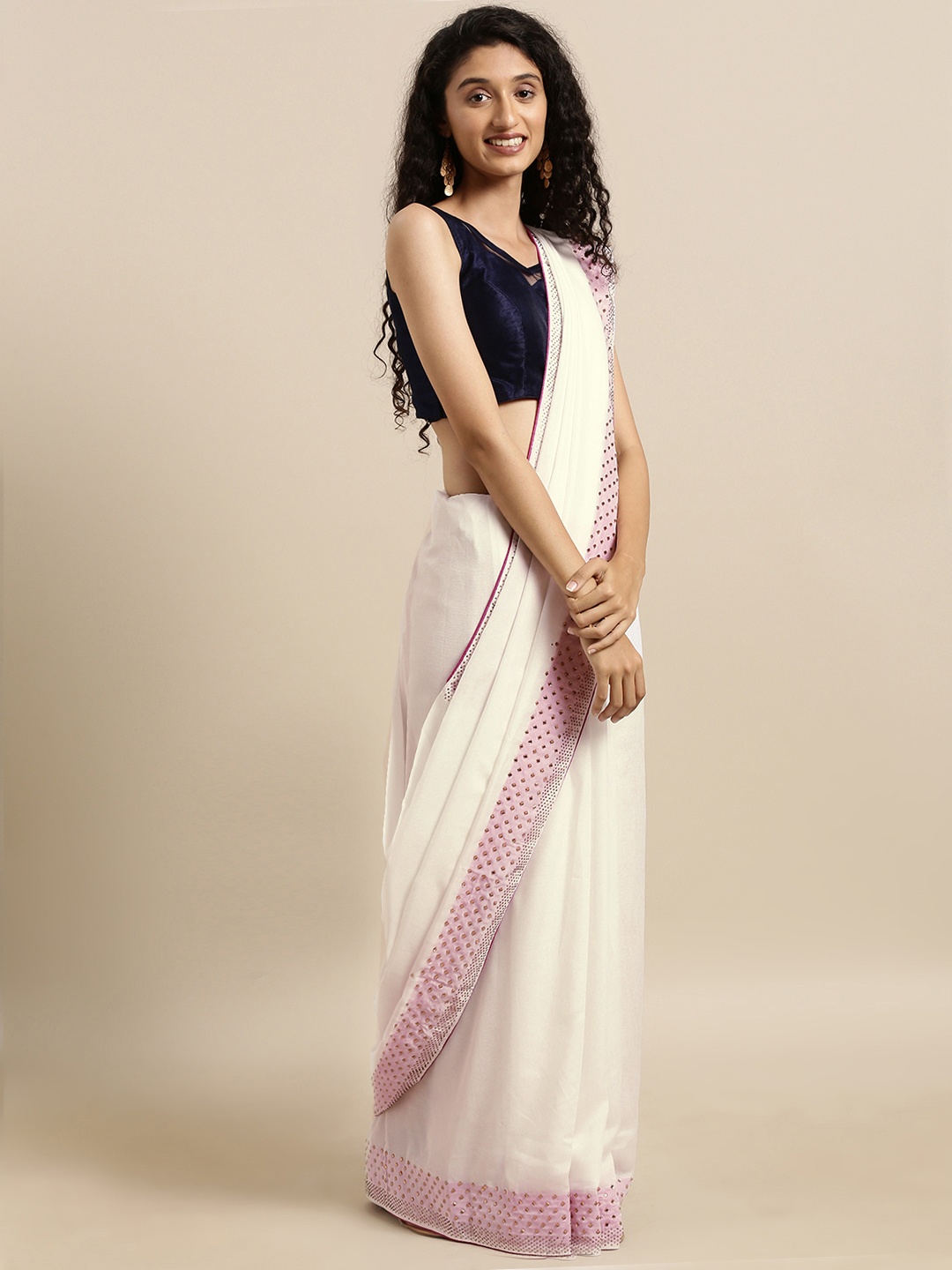 

VASTRANAND White Solid Vichitra Poly Silk Saree with Embellished Border