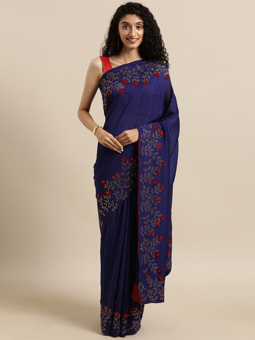 

VASTRANAND Navy Blue Vichitra Poly Silk Solid Saree with Embellished Border