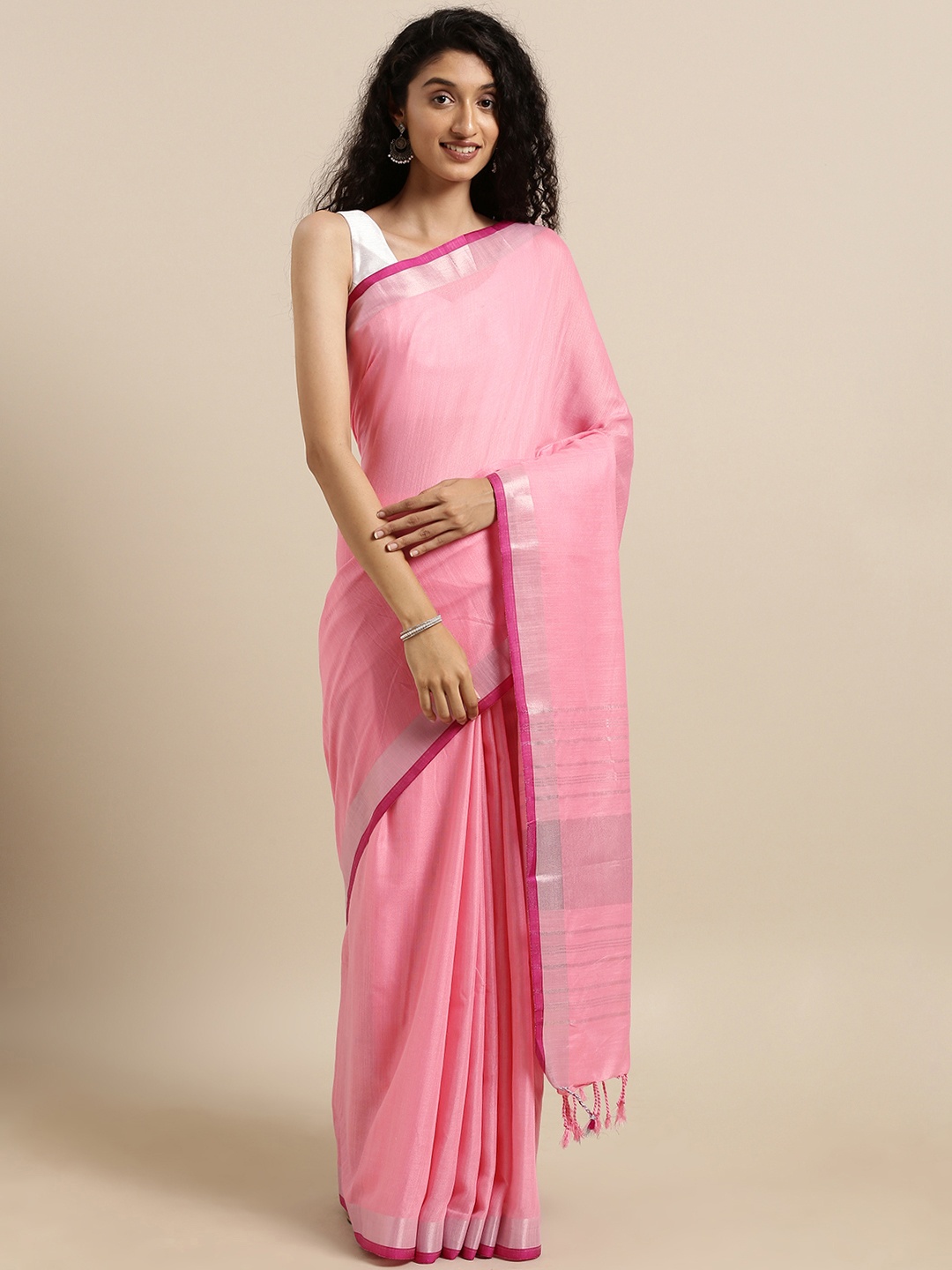 

VASTRANAND Pink Solid Linen Blend Saree