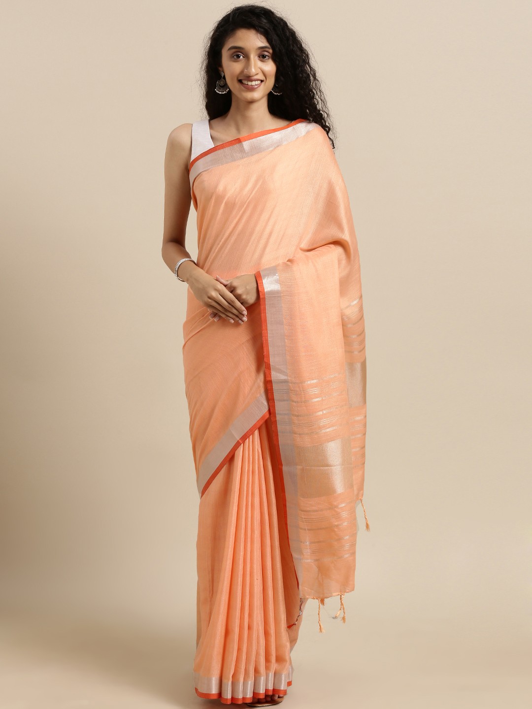 

VASTRANAND Orange Solid Linen Blend Angolla Saree