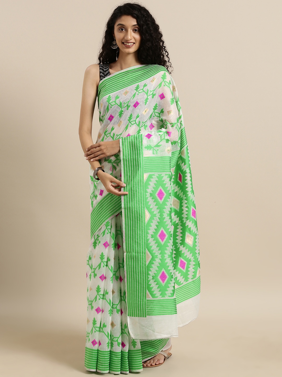 

VASTRANAND White & Green Silk Cotton Woven Design Jamdani Saree